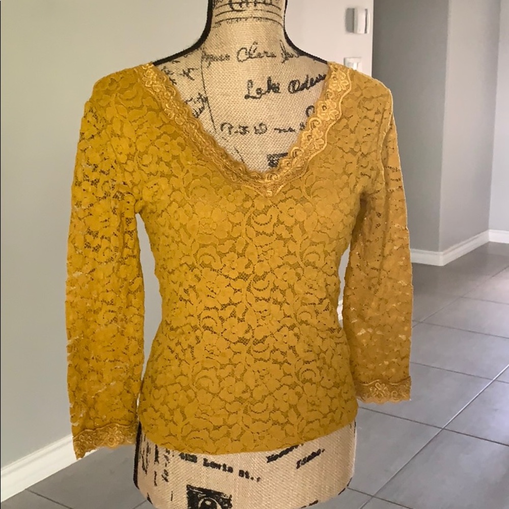 Yellow Lace V Neck Blouse Top medium m